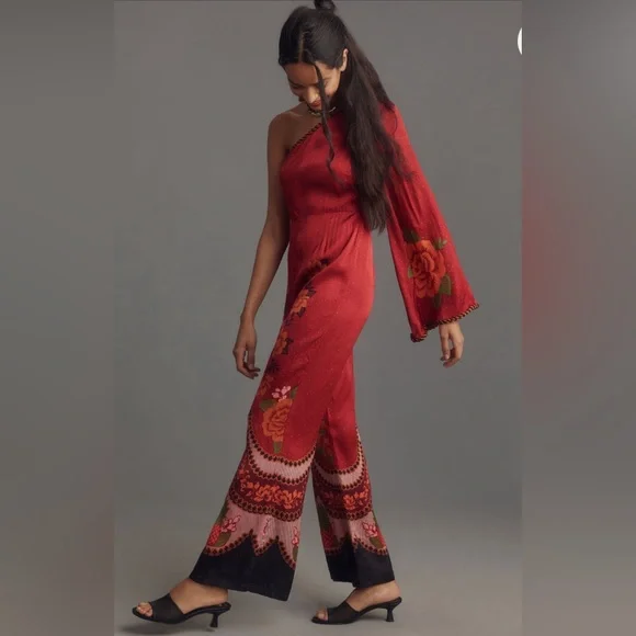 Anthropologie x Farm Rio One-Shoulder Printed Satin Rose Jumpsuit